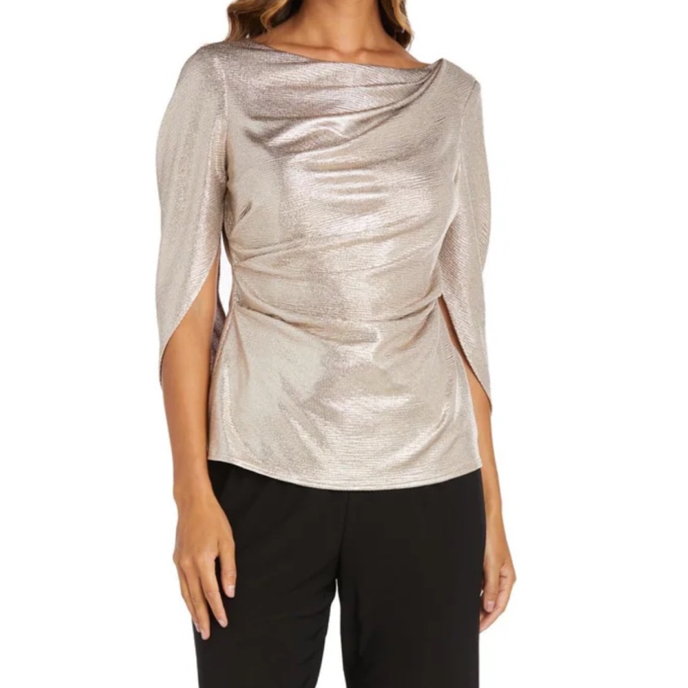 R&M Richards Metallic Silver Split-Sleeve Draped Blouse
